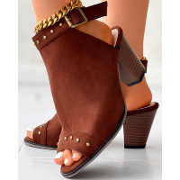 Peep Toe Studded Chunky Heeled Sandals - coffee