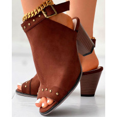 Peep Toe Studded Chunky Heeled Sandals - coffee