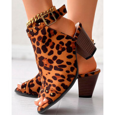 Peep Toe Studded Chunky Heeled Sandals - Leopard