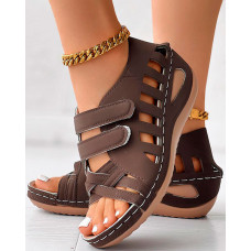 Peep Toe Velcro Hollow Wedge Sandals - brown