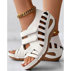 Peep Toe Velcro Hollow Wedge Sandals - white