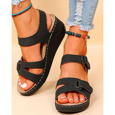 Peep Toe Velcro Wedge Sandals - black