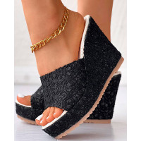 Peep Toe Wide Strap Lace Wedge Slippers - black