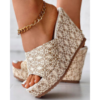 Peep Toe Wide Strap Lace Wedge Slippers - gold