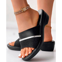 Peep Toe Wide Strap Wedge Slippers - black