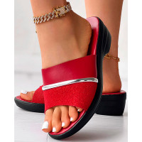 Peep Toe Wide Strap Wedge Slippers - red