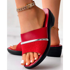 Peep Toe Wide Strap Wedge Slippers - red