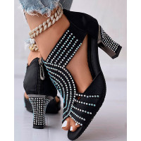 Peep Toe Zip Back Rhinestone Latin Dace Shoes - black