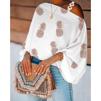 Pineapple Print Chain Strap Cold Shoulder Lantern Sleeve Top - white