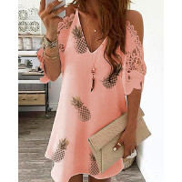 Pineapple Print Cold Shoulder Lace Dress - pink