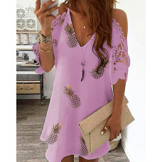 Pineapple Print Cold Shoulder Lace Dress - purple