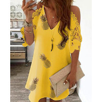 Pineapple Print Cold Shoulder Lace Dress - yellow