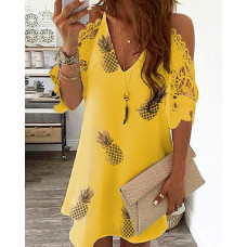 Pineapple Print Cold Shoulder Lace Dress - yellow