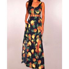 Pineapple Print Hollow Out Waist Slit Maxi Dress - yellow