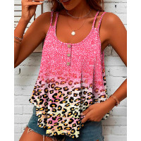 Pink Contrast Leopard Print Double Strap Buttoned Tank Top - pink