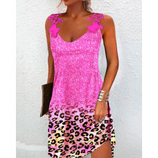 Pink Contrast Leopard Print Lace Patch Casual Dress - pink