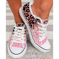 Pink Contrast Leopard Print Raw Hem Canvas Sneakers - pink