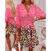 Pink Contrast Leopard Print Ruffle Hem Shirred Dress - pink