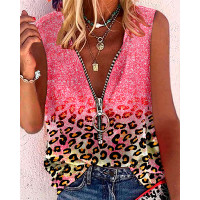 Pink Contrast Leopard Print Zipper Front Casual Tank Top - pink