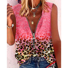 Pink Contrast Leopard Print Zipper Front Casual Tank Top - pink