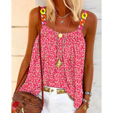 Pink Ditsy Floral Print Chain Decor Flowy Cami Top - pink