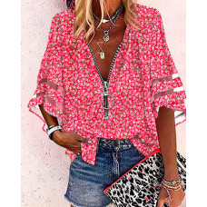 Pink Ditsy Floral Print Contrast Mesh Zip Front Top - pink