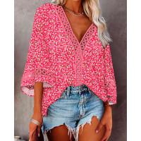 Pink Ditsy Floral Print Hollow-out Bell Sleeve Top - pink