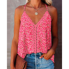 Pink Ditsy Floral Print Hollow Out Lace Trim Halter Top - pink