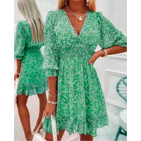 Pink Ditsy Floral Print Lantern Sleeve Ruffles Shirred Dress - green