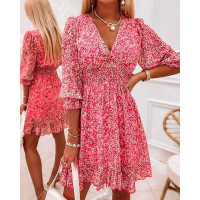 Pink Ditsy Floral Print Lantern Sleeve Ruffles Shirred Dress - pink