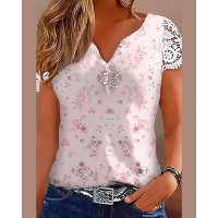 Pink Ditsy Floral Print Notch Neck Lace Patch Top - pink