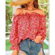 Pink Ditsy Floral Print Off Shoulder Lantern Sleeve Top - pink