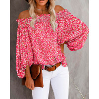 Pink Ditsy Floral Print Off Shoulder Shirred Top - pink