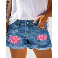 Pink Ditsy Floral Print Patchwork Ripped Denim Shorts - blue