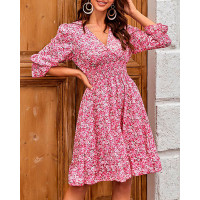 Pink Ditsy Floral Print Puff Sleeve Ruffle Hem Shirred Dress - pink