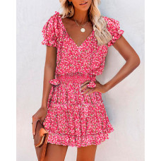 Pink Ditsy Floral Print Puff Sleeve Ruffles Casual Dress - red