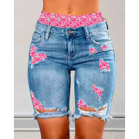 Pink Ditsy Floral Print Ripped 2-In-1 Denim Shorts - blue