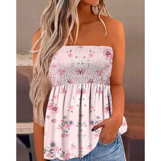 Pink Ditsy Floral Print Shirred Bandeau Tank Top - pink