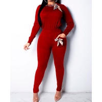 Plaid Bow Design Pocket Tracksuits - red