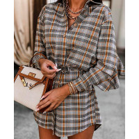 Plaid Button Up Ruffle Hem Drawstring Shirt Dress - Multicolor