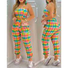 Plaid Colorblock Crop Top & Pocket Design Pants Set - Multicolor