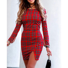 Plaid Cutout Back Slit Bodycon Dress - red