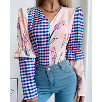 Plaid Floral Contrast V-Neck Flounce Sleeve Top - purple