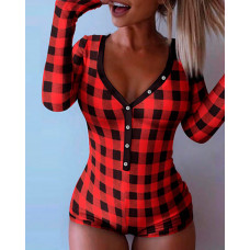 Plaid FunctionalВ ButtonedВ FlapВ AdultsВ Pajamas - red