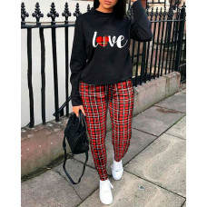 Plaid Letter Print Top & Drawstring Pants Set - black