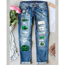 Plaid Lip Print Patchwork Ripped Jeans - blue