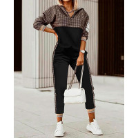 Plaid Patch Zip Front Hoodie & Pants Set - black