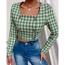 Plaid Pattern Colorblock Buttoned Blazer Crop Coat - green