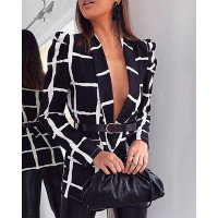 Plaid Pattern Puffed Sleeve Pockets Design Blazer Coat - black