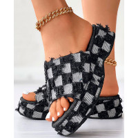 Plaid Pattern Raw Hem Platform Slippers - black